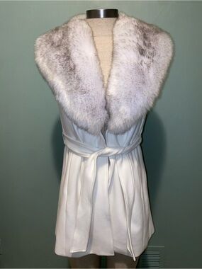 White House Black Market Faux Fur Trim Coat in White and Light Gray